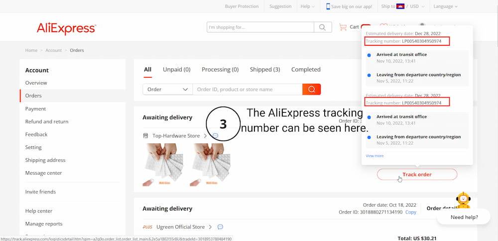 Get your AliExpress tracking number on the website