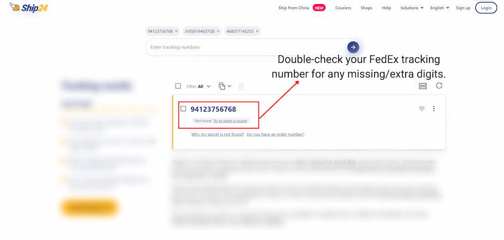 FedEx tracking number not found on Ship24 website