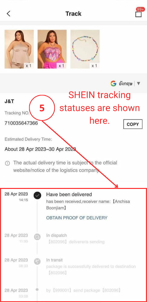 SHEIN order tracking on mobile app 3