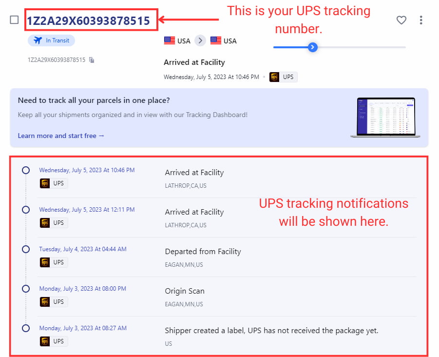 UPS tracking notifications on Ship24